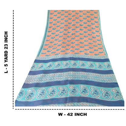 Sanskriti Vintage Sarees Peach/Blue 100% Pure Silk Printed Sari 5yd Craft Sustainable Fabric
