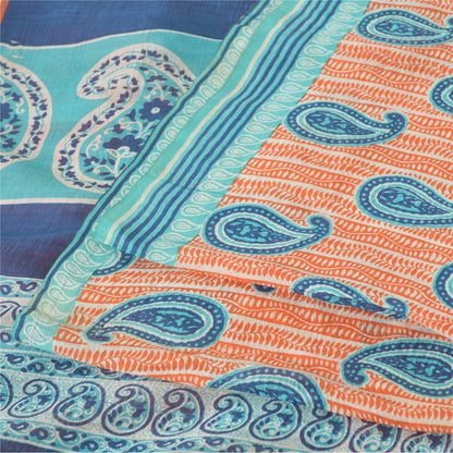 Sanskriti Vintage Sarees Peach/Blue 100% Pure Silk Printed Sari 5yd Craft Sustainable Fabric