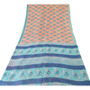 Sanskriti Vintage Sarees Peach/Blue 100% Pure Silk Printed Sari 5yd Craft Sustainable Fabric