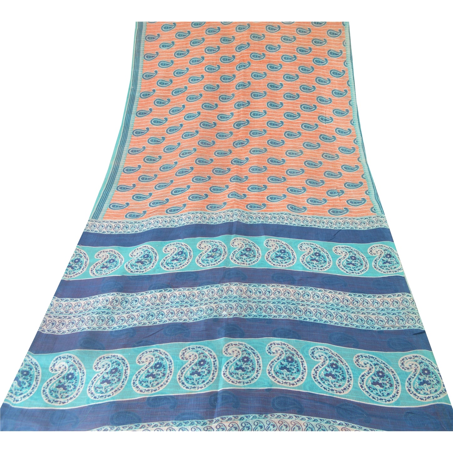 Sanskriti Vintage Sarees Peach/Blue 100% Pure Silk Printed Sari 5yd Craft Sustainable Fabric