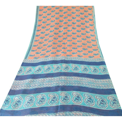 Sanskriti Vintage Sarees Peach/Blue 100% Pure Silk Printed Sari 5yd Craft Sustainable Fabric