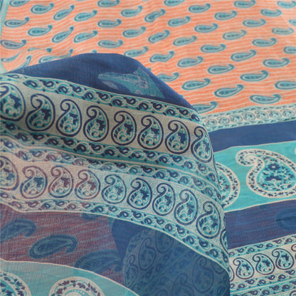 Sanskriti Vintage Sarees Peach/Blue 100% Pure Silk Printed Sari 5yd Craft Sustainable Fabric