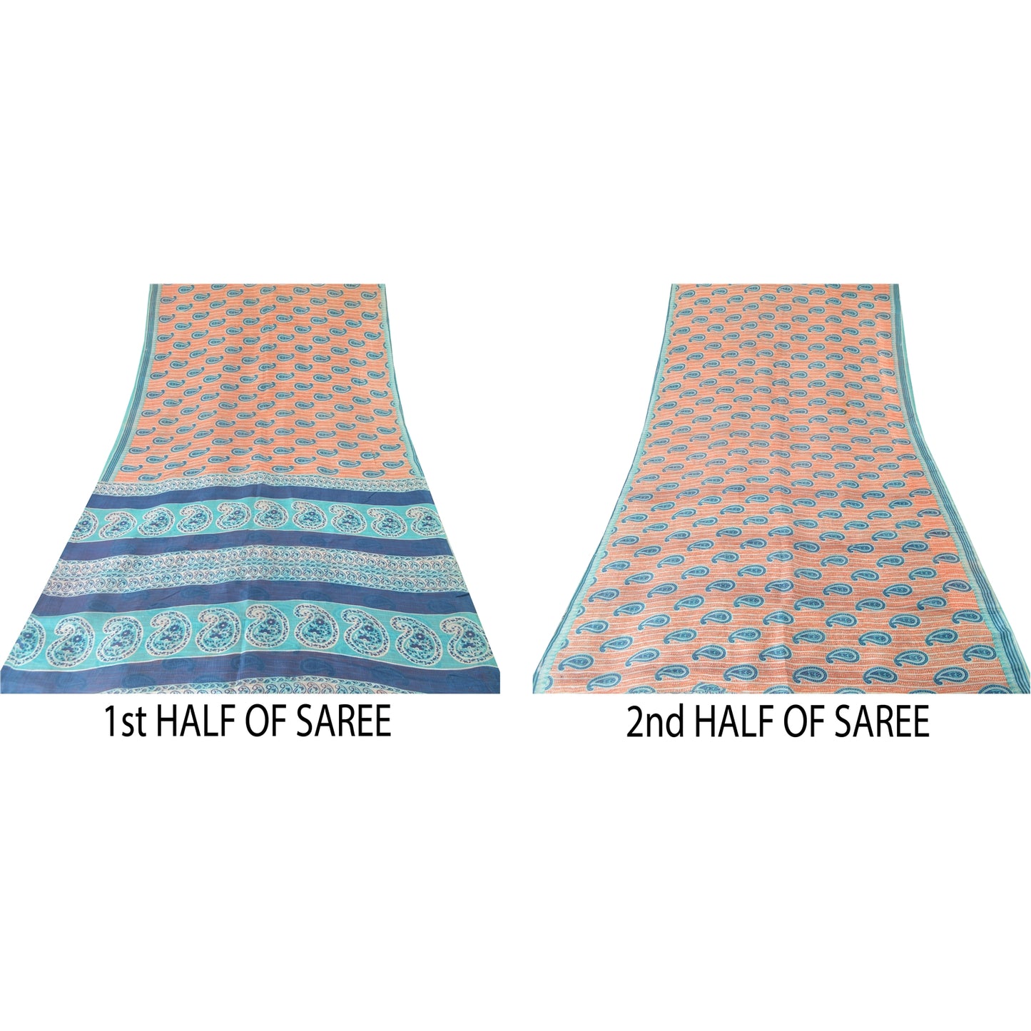 Sanskriti Vintage Sarees Peach/Blue 100% Pure Silk Printed Sari 5yd Craft Sustainable Fabric