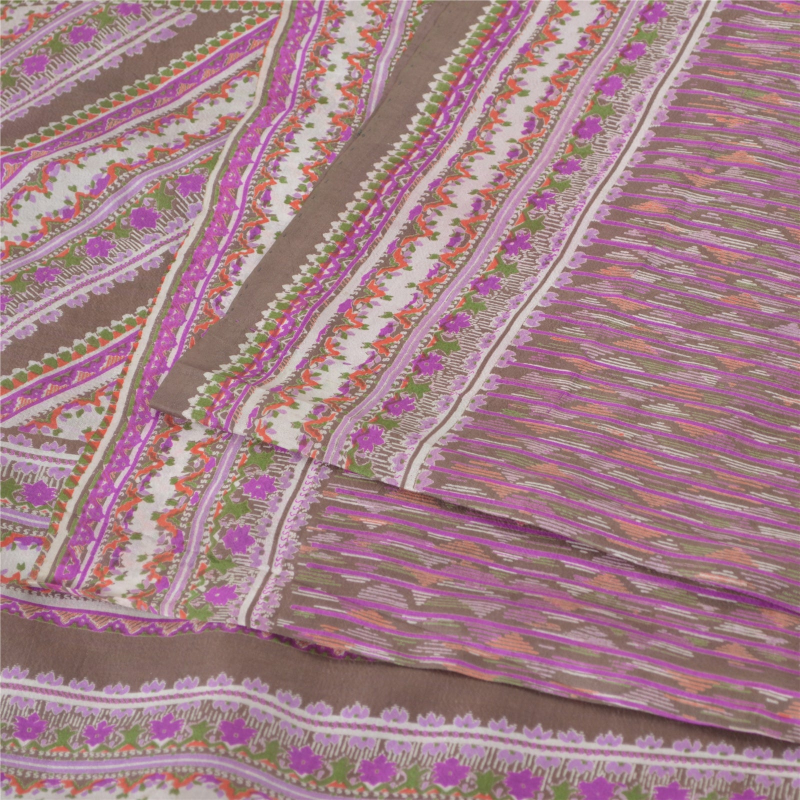 Sanskriti Vintage Saree Purple Blend Silk Saree Floral Lines Printed Sari 6 Yd Soft Fabric For Crafting, Upcycling, or Even Wearing
