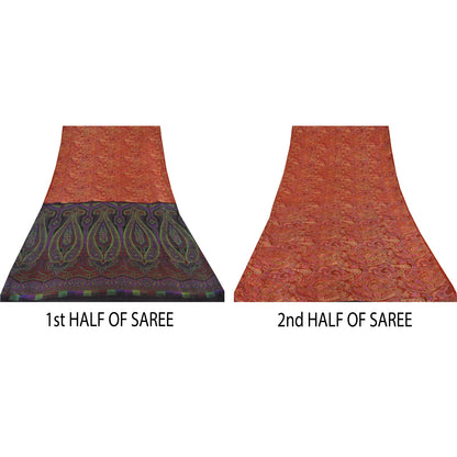 Sanskriti Vintage Sarees From India Red Pure Silk Printed Sari 5yd Craft Sustainable Fabric