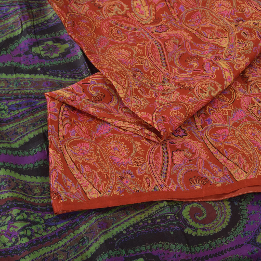 Sanskriti Vintage Saree 100% Pure Silk Saree From India Red & Brown Floral Printed 5Yd Craft Fabric Pre-Owned Upcycled, Recycled, Sewing