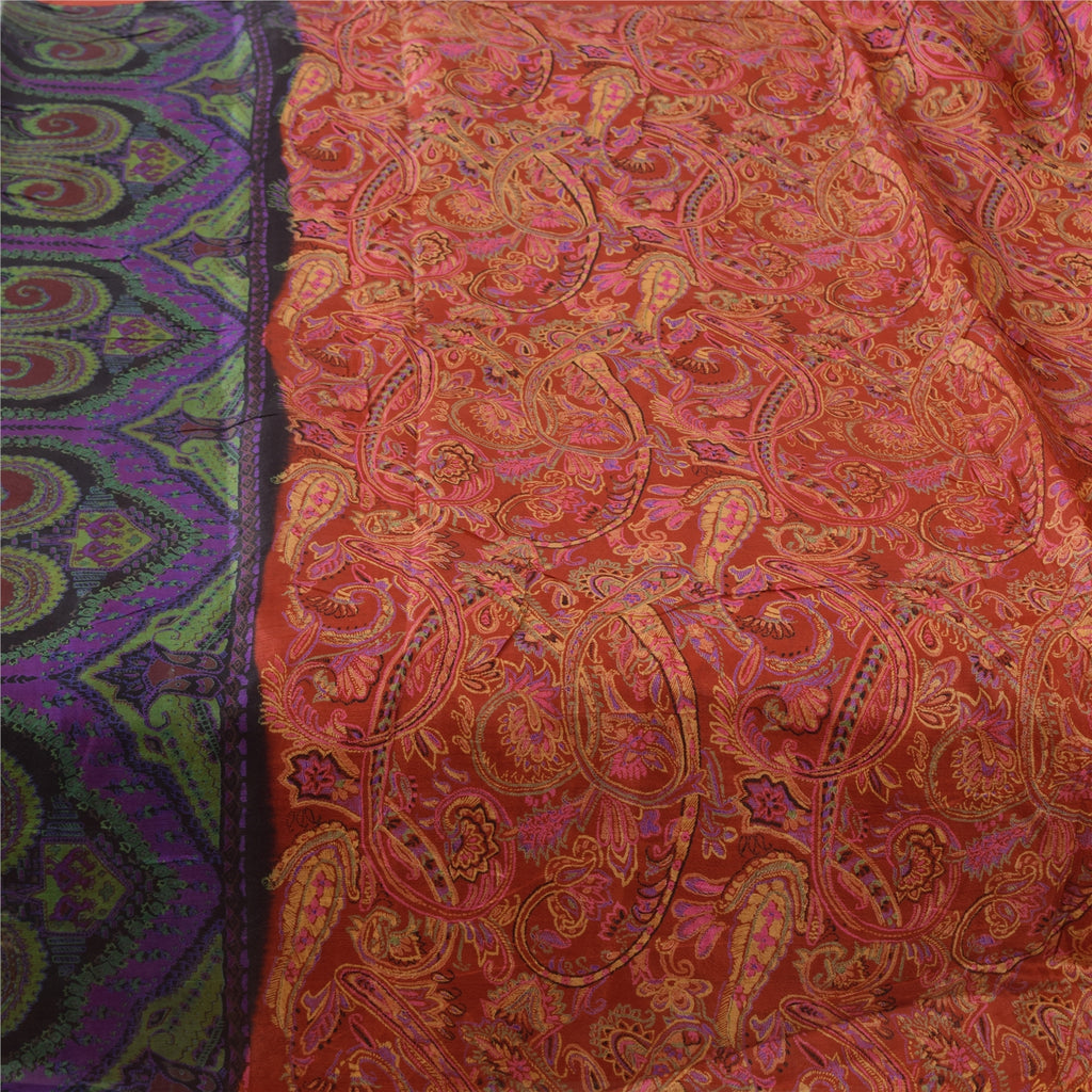 Sanskriti Vintage Saree 100% Pure Silk Saree From India Red & Brown Floral Printed 5Yd Craft Fabric Pre-Owned Upcycled, Recycled, Sewing