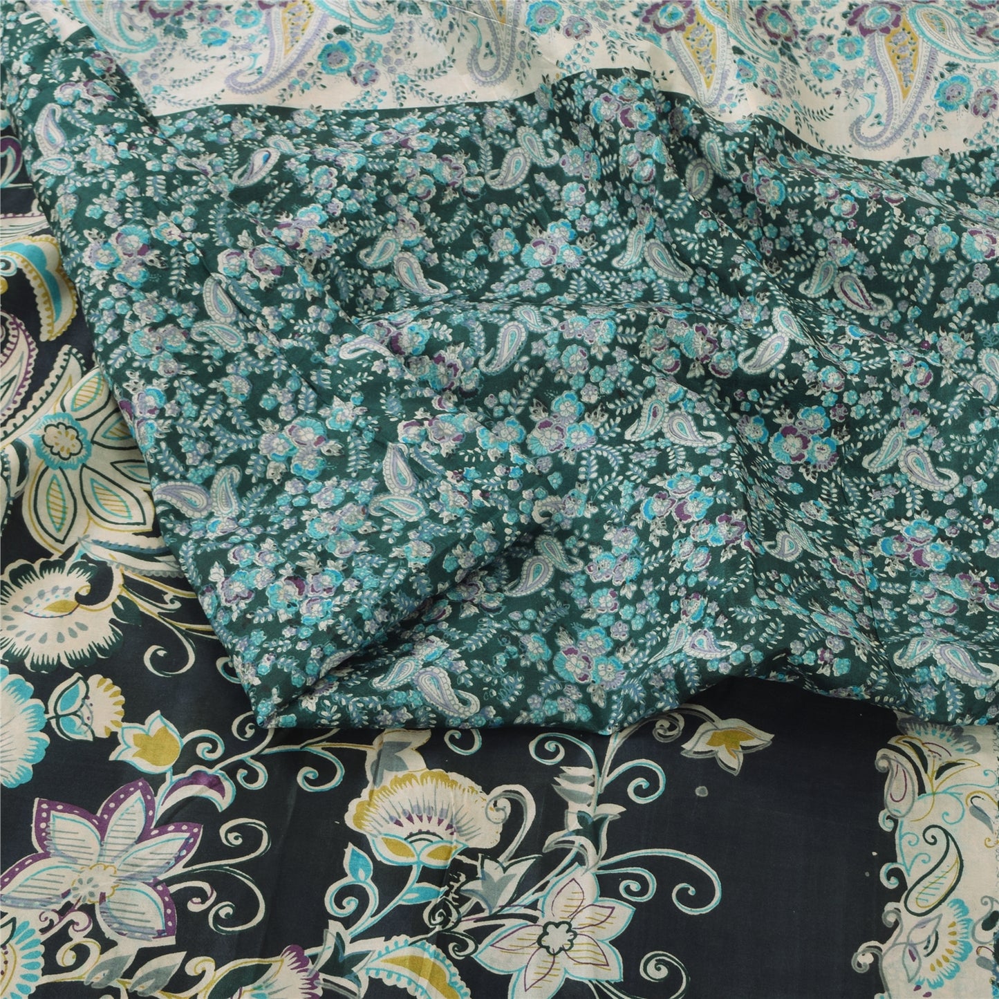 Sanskriti Vintage Sarees Indian Green Pure Silk Printed Sari 6yd Craft Sustainable Fabric