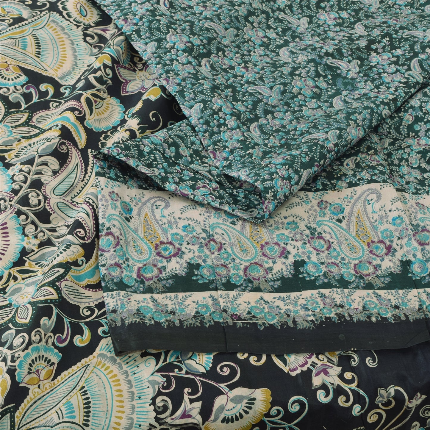 Sanskriti Vintage Sarees Indian Green Pure Silk Printed Sari 6yd Craft Sustainable Fabric