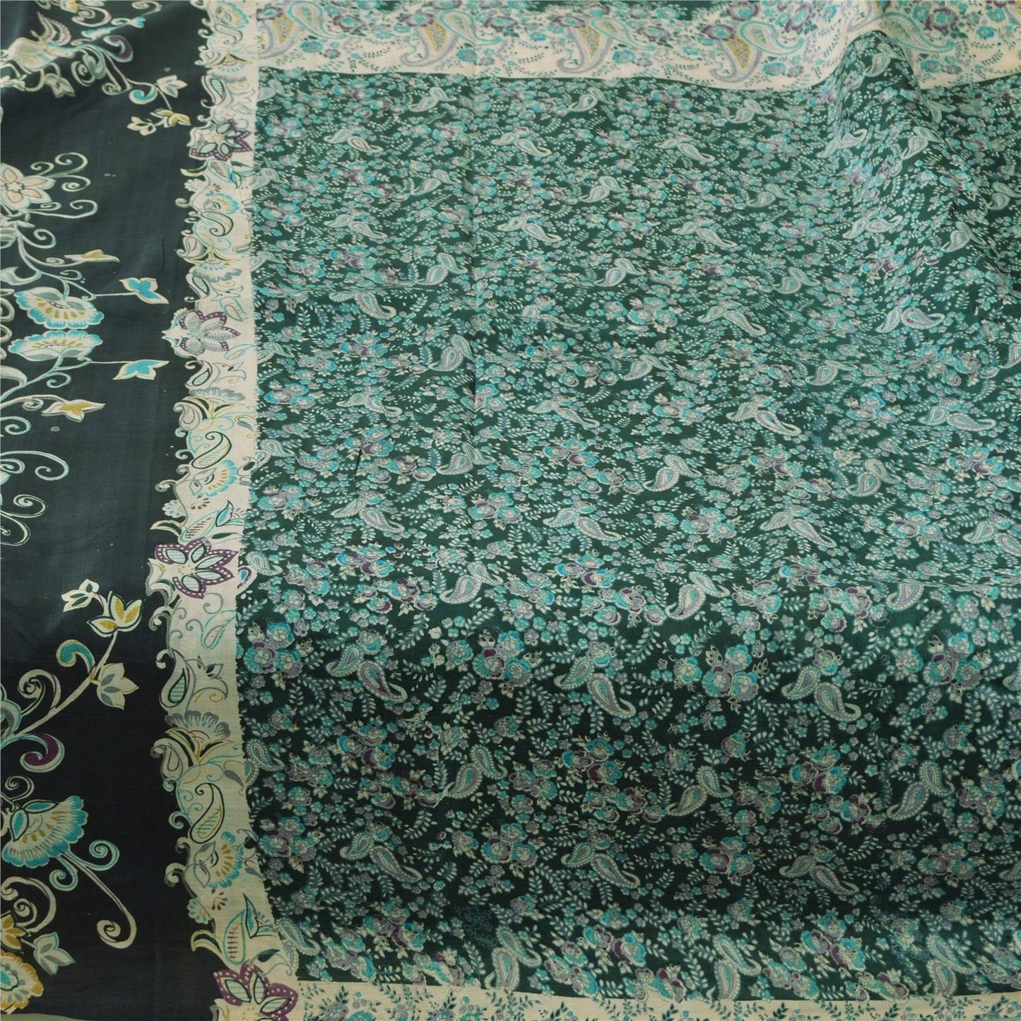 Sanskriti Vintage Sarees Indian Green Pure Silk Printed Sari 6yd Craft Sustainable Fabric