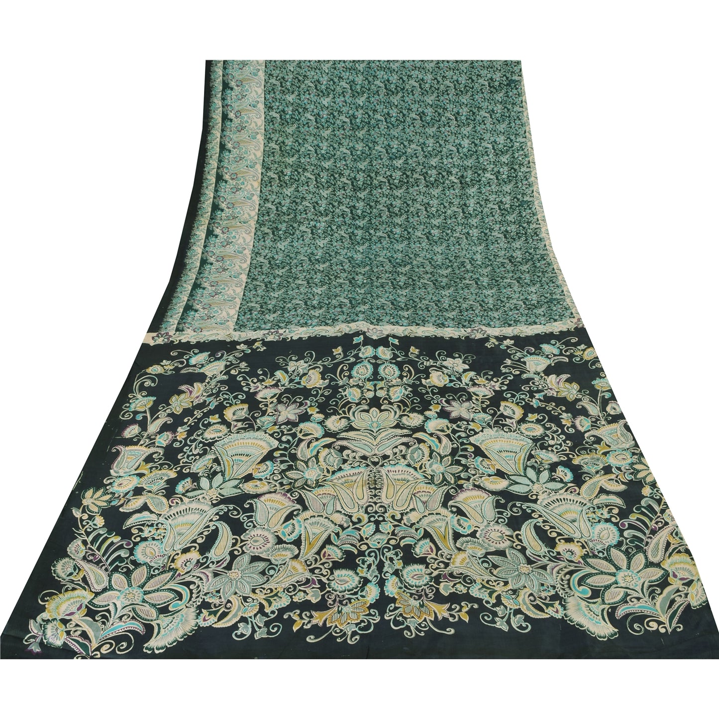 Sanskriti Vintage Sarees Indian Green Pure Silk Printed Sari 6yd Craft Sustainable Fabric