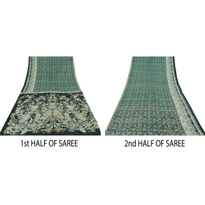 Sanskriti Vintage Sarees Indian Green Pure Silk Printed Sari 6yd Craft Sustainable Fabric