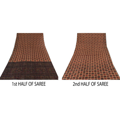 Sanskriti Vintage Sarees Red/Black Bandhani Pure Silk Printed Sari 5yd Sustainable Fabric