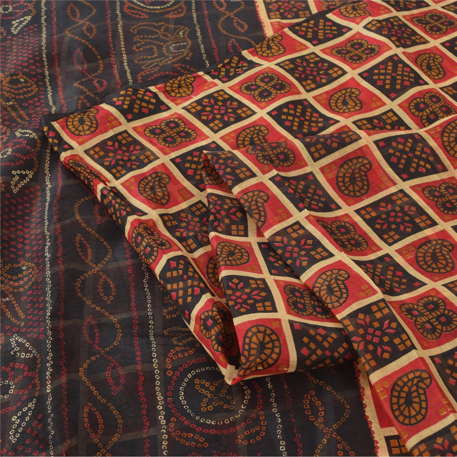 Sanskriti Vintage Sarees Red/Black Bandhani Pure Silk Printed Sari 5yd Sustainable Fabric