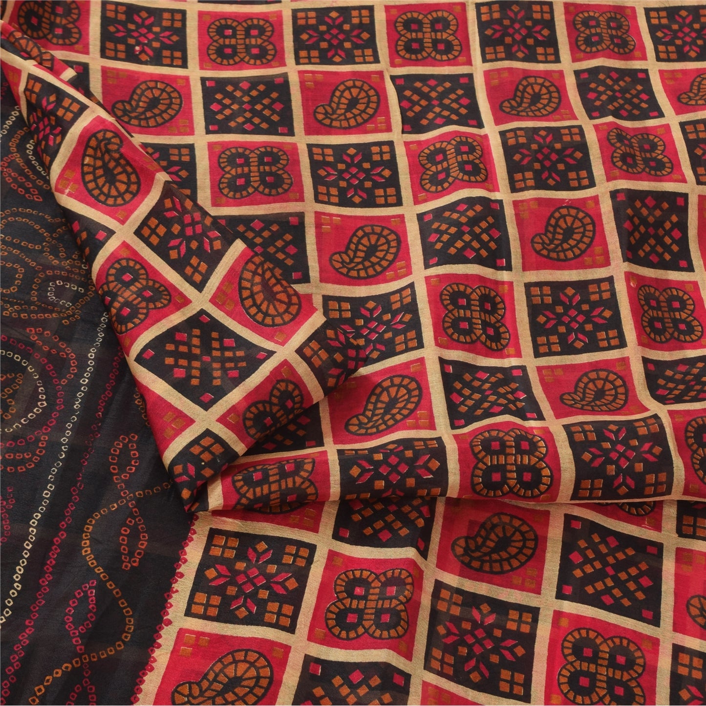 Sanskriti Vintage Sarees Red/Black Bandhani Pure Silk Printed Sari 5yd Sustainable Fabric