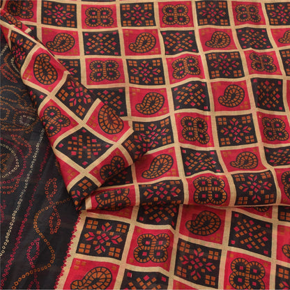 Sanskriti Vintage Sarees Red/Black Bandhani Pure Silk Printed Sari 5yd Sustainable Fabric