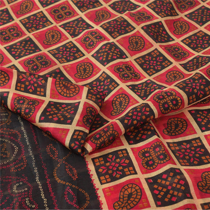 Sanskriti Vintage Sarees Red/Black Bandhani Pure Silk Printed Sari 5yd Sustainable Fabric