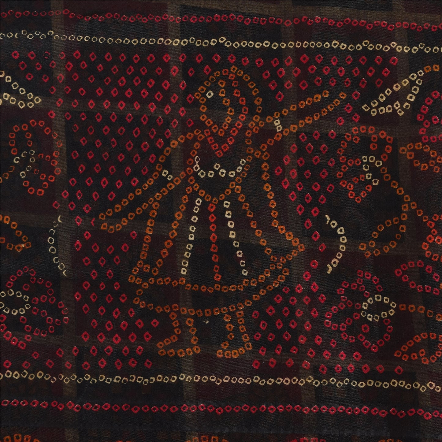 Sanskriti Vintage Sarees Red/Black Bandhani Pure Silk Printed Sari 5yd Sustainable Fabric