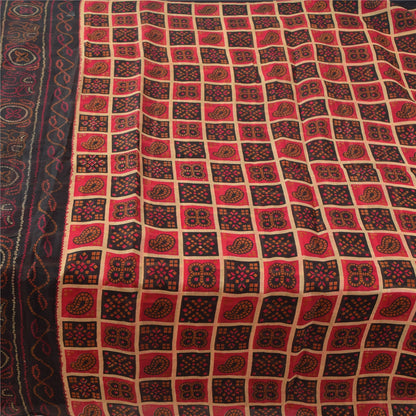 Sanskriti Vintage Sarees Red/Black Bandhani Pure Silk Printed Sari 5yd Sustainable Fabric