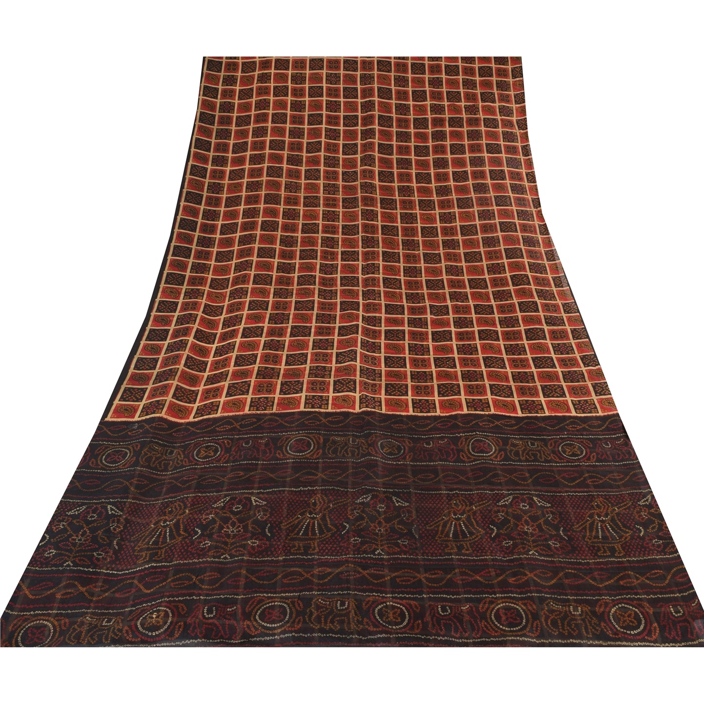 Sanskriti Vintage Sarees Red/Black Bandhani Pure Silk Printed Sari 5yd Sustainable Fabric