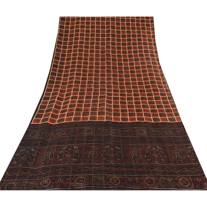 Sanskriti Vintage Sarees Red/Black Bandhani Pure Silk Printed Sari 5yd Sustainable Fabric