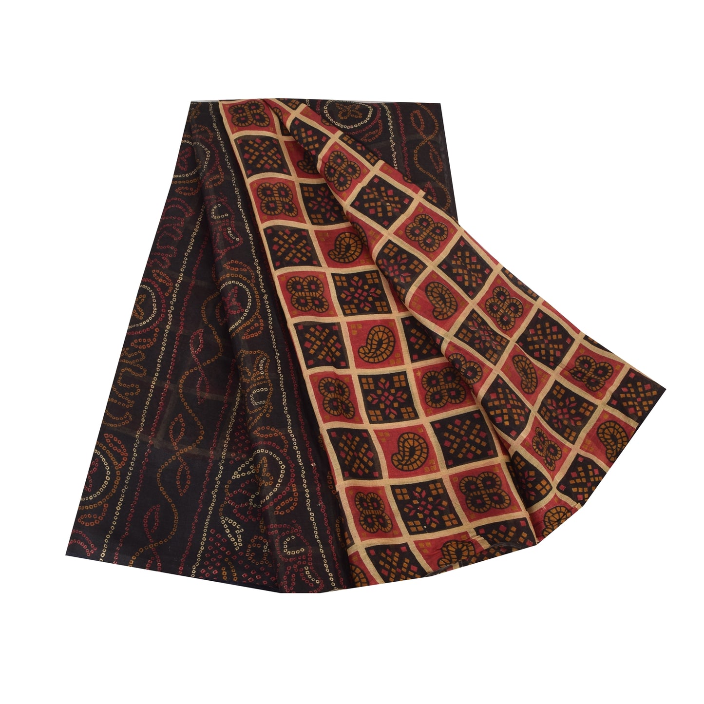 Sanskriti Vintage Sarees Red/Black Bandhani Pure Silk Printed Sari 5yd Sustainable Fabric