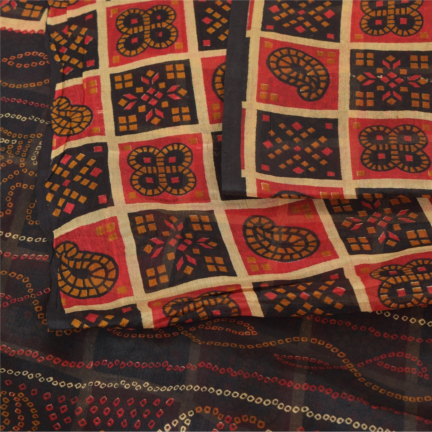 Sanskriti Vintage Sarees Red/Black Bandhani Pure Silk Printed Sari 5yd Sustainable Fabric