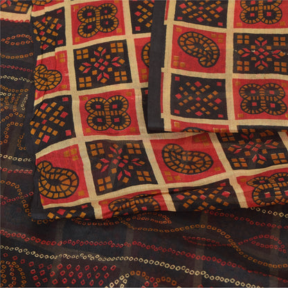 Sanskriti Vintage Sarees Red/Black Bandhani Pure Silk Printed Sari 5yd Sustainable Fabric