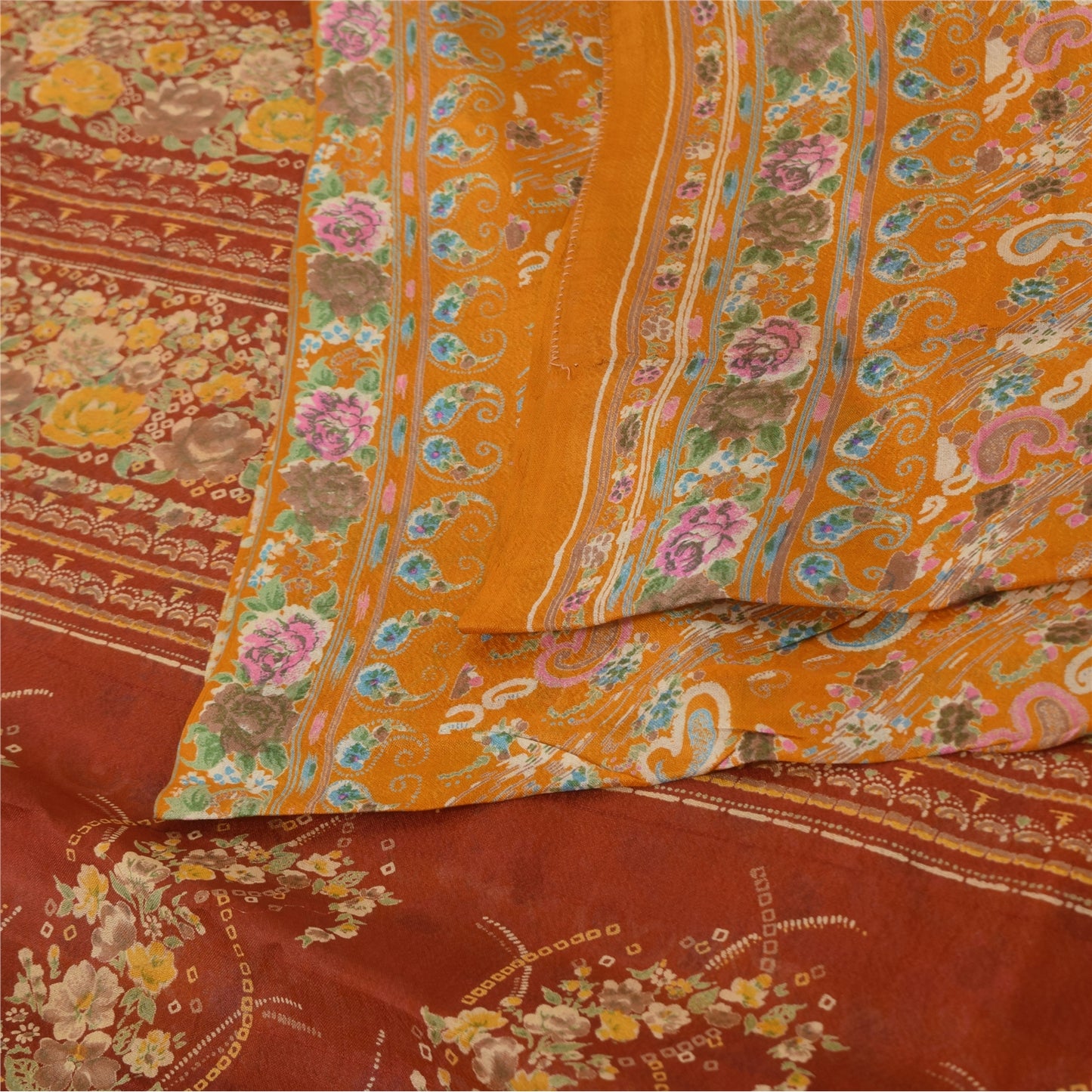 Sanskriti Vintage Sarees Gule Indiske Ren Silke Trykte Sari 6yd Håndværk Bæredygtigt Stoff