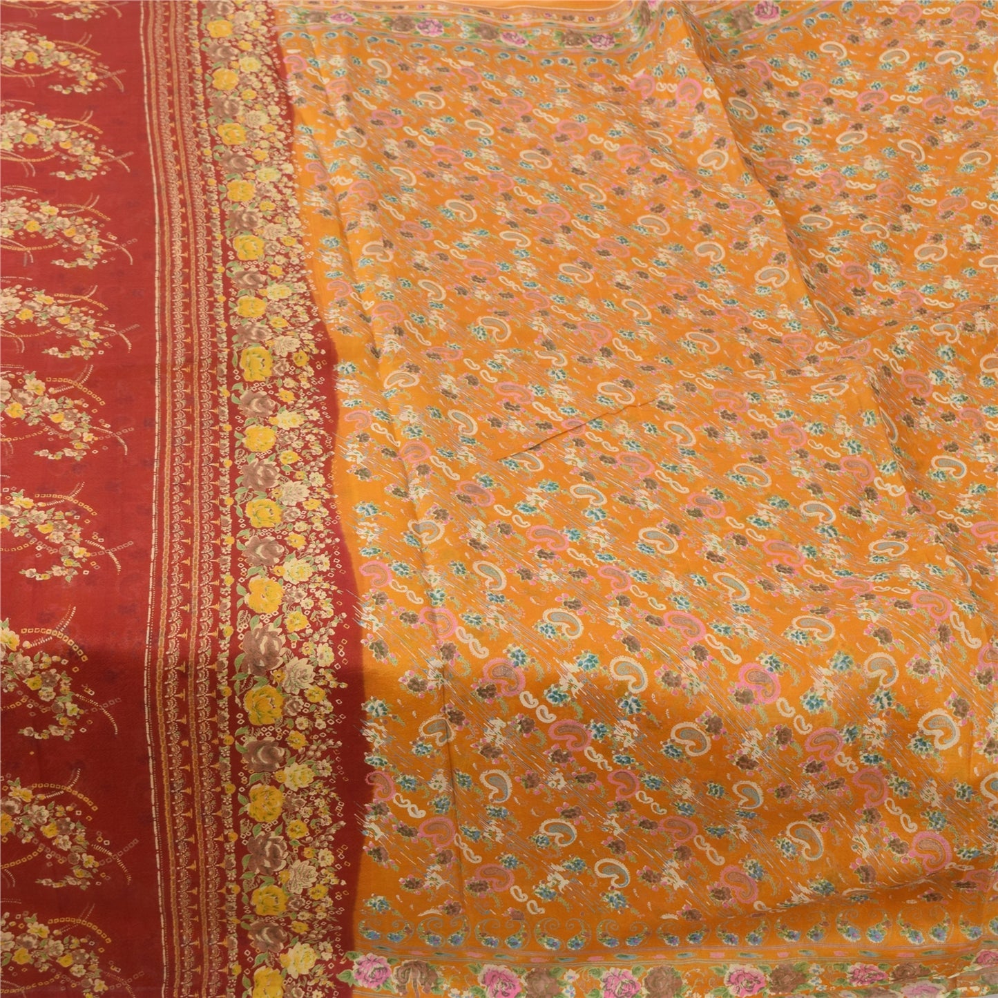 Sanskriti Vintage Sarees Gule Indiske Ren Silke Trykte Sari 6yd Håndværk Bæredygtigt Stoff
