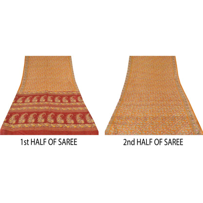 Sanskriti Vintage Sarees Gule Indiske Ren Silke Trykte Sari 6yd Håndværk Bæredygtigt Stoff