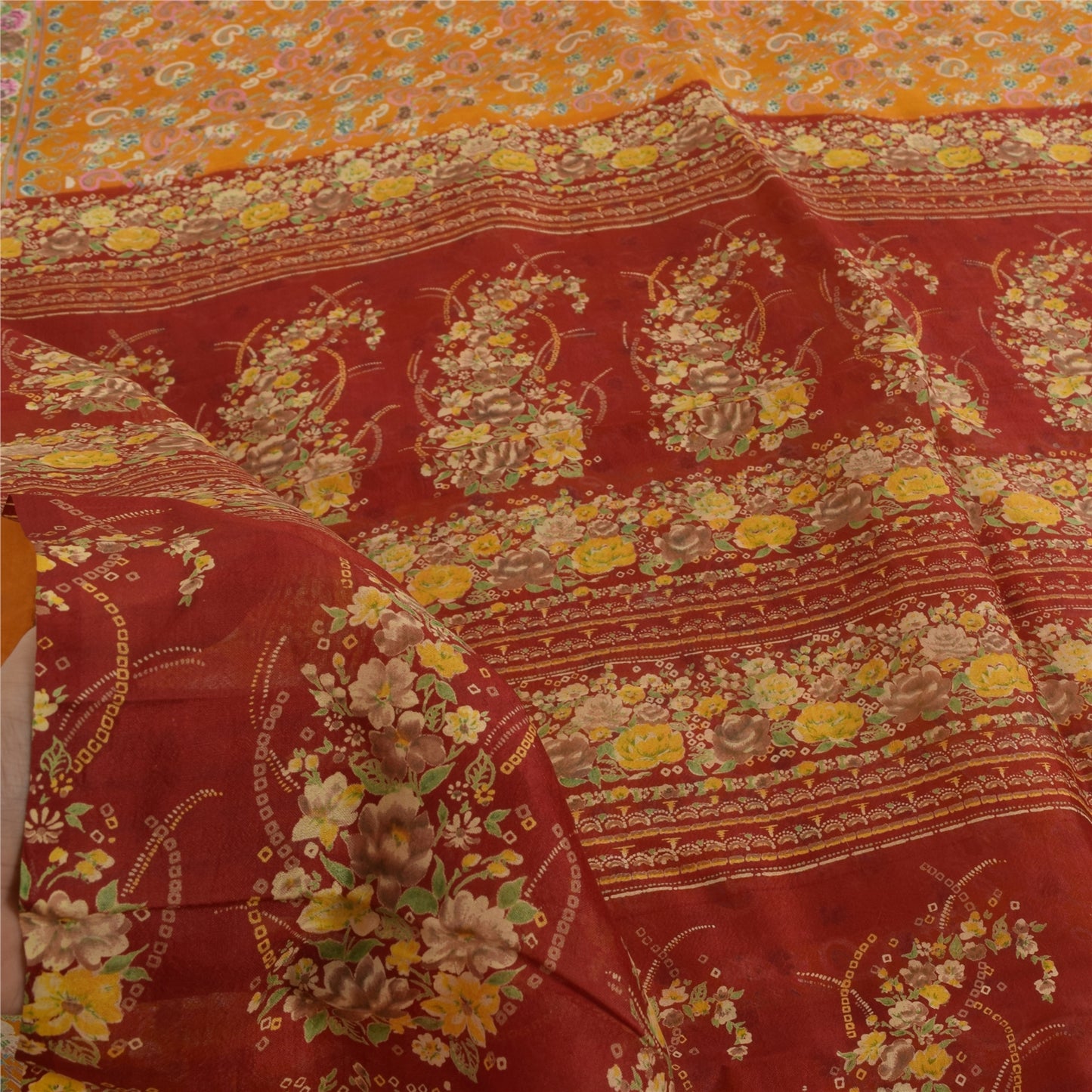 Sanskriti Vintage Sarees Gule Indiske Ren Silke Trykte Sari 6yd Håndværk Bæredygtigt Stoff