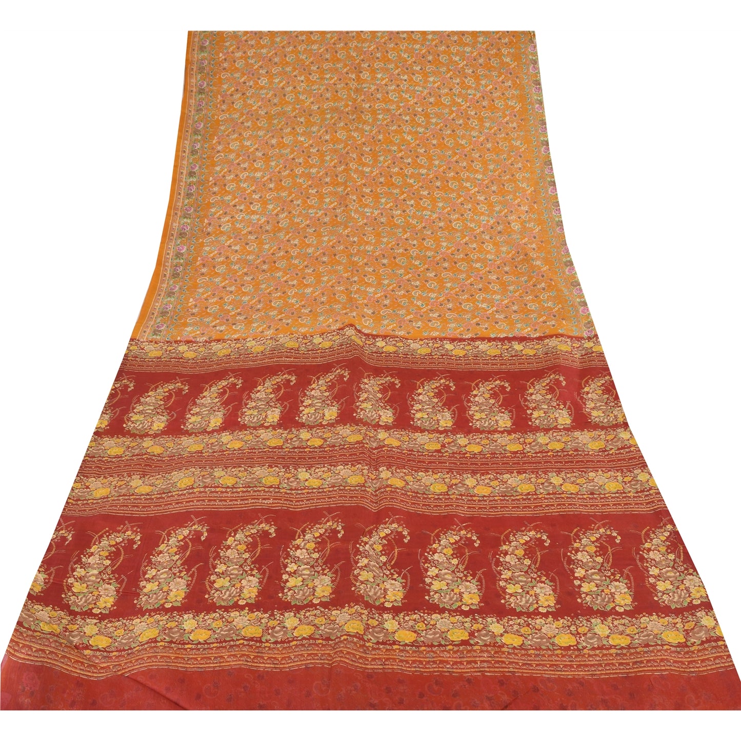 Sanskriti Vintage Sarees Gule Indiske Ren Silke Trykte Sari 6yd Håndværk Bæredygtigt Stoff