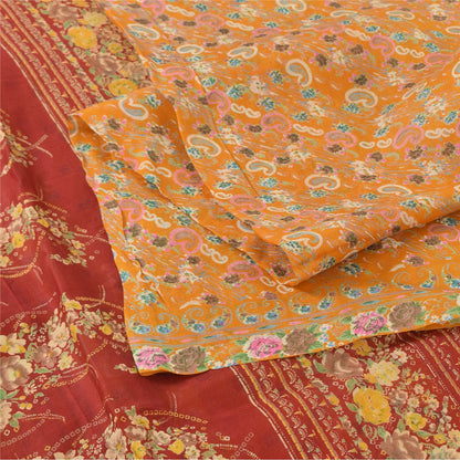 Sanskriti Vintage Sarees Gule Indiske Ren Silke Trykte Sari 6yd Håndværk Bæredygtigt Stoff