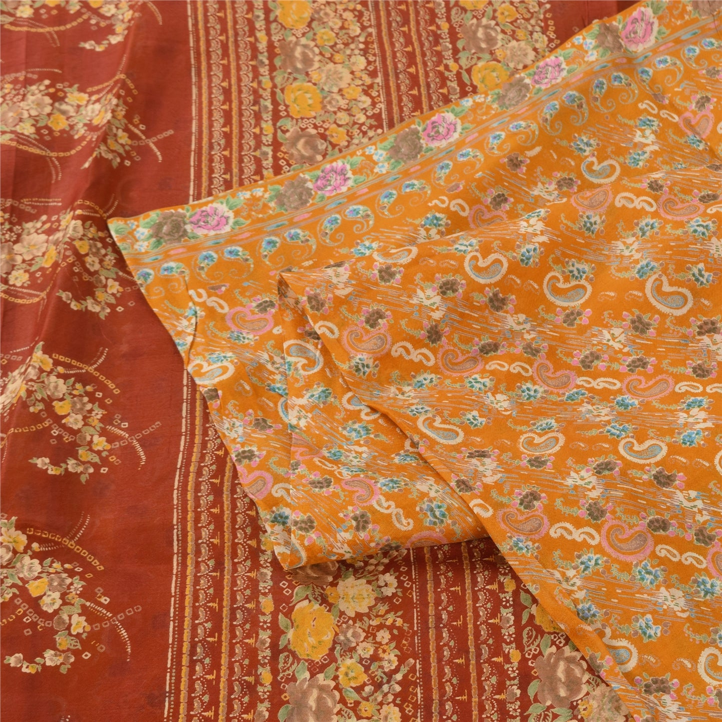 Sanskriti Vintage Sarees Gule Indiske Ren Silke Trykte Sari 6yd Håndværk Bæredygtigt Stoff
