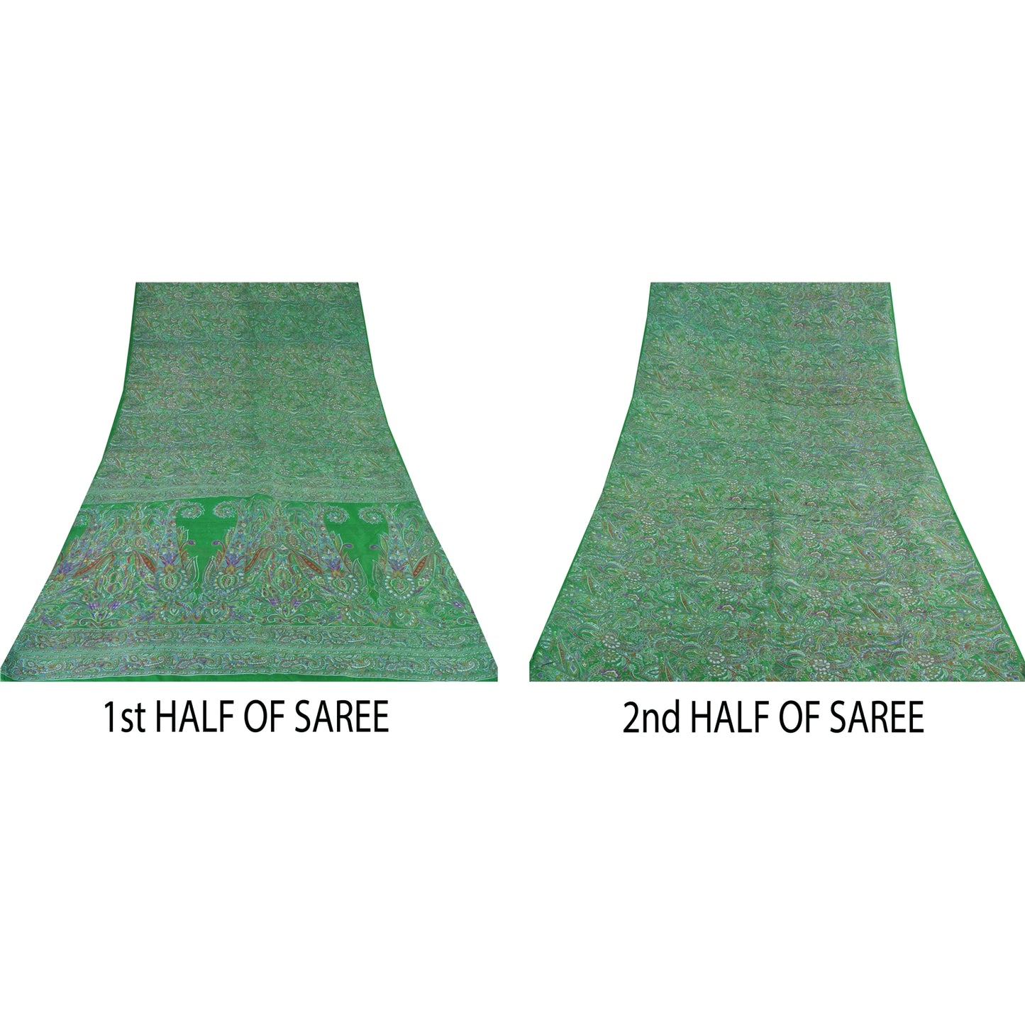 Sanskriti Vintage Sarees Indian Green Pure Silk Printed Sari 6yd Craft Sustainable Fabric