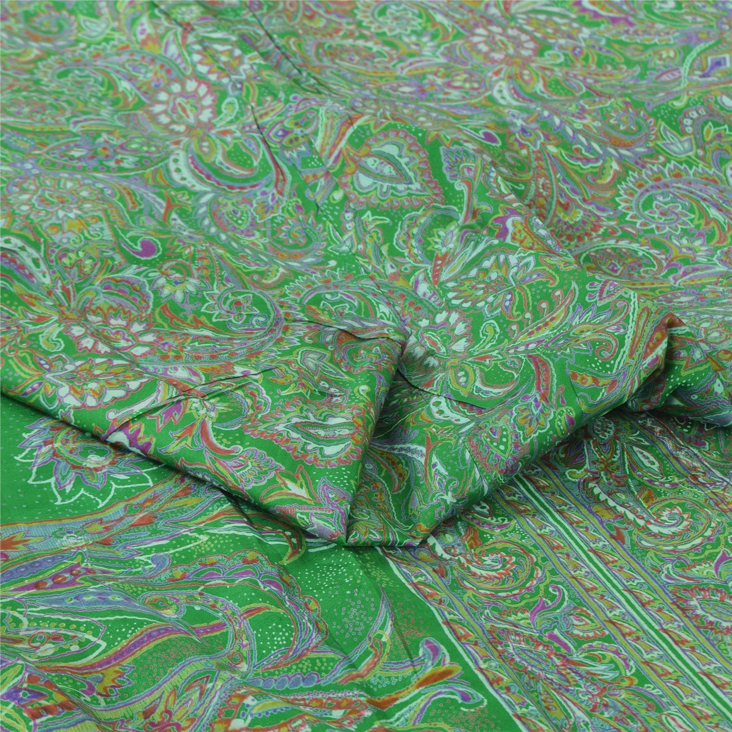 Sanskriti Vintage Sarees Indian Green Pure Silk Printed Sari 6yd Craft Sustainable Fabric