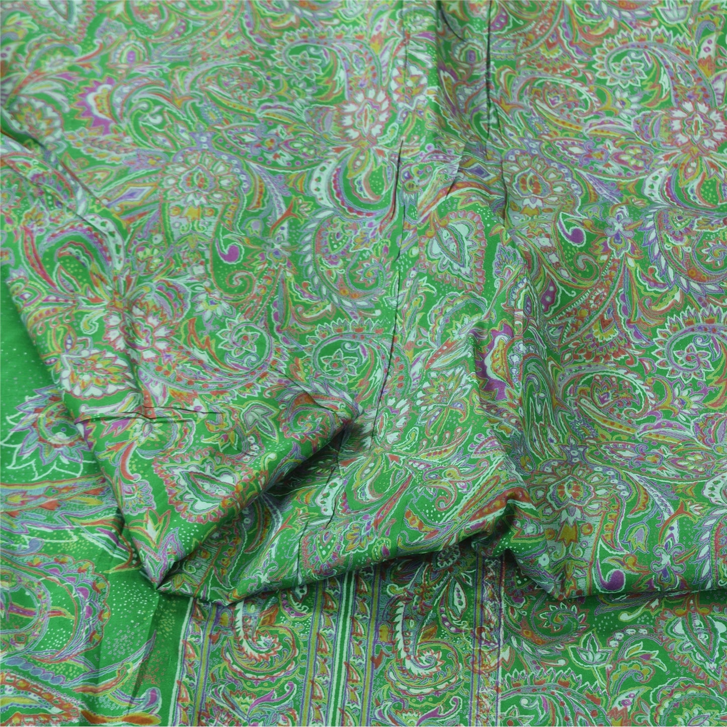 Sanskriti Vintage Sarees Indian Green Pure Silk Printed Sari 6yd Craft Sustainable Fabric