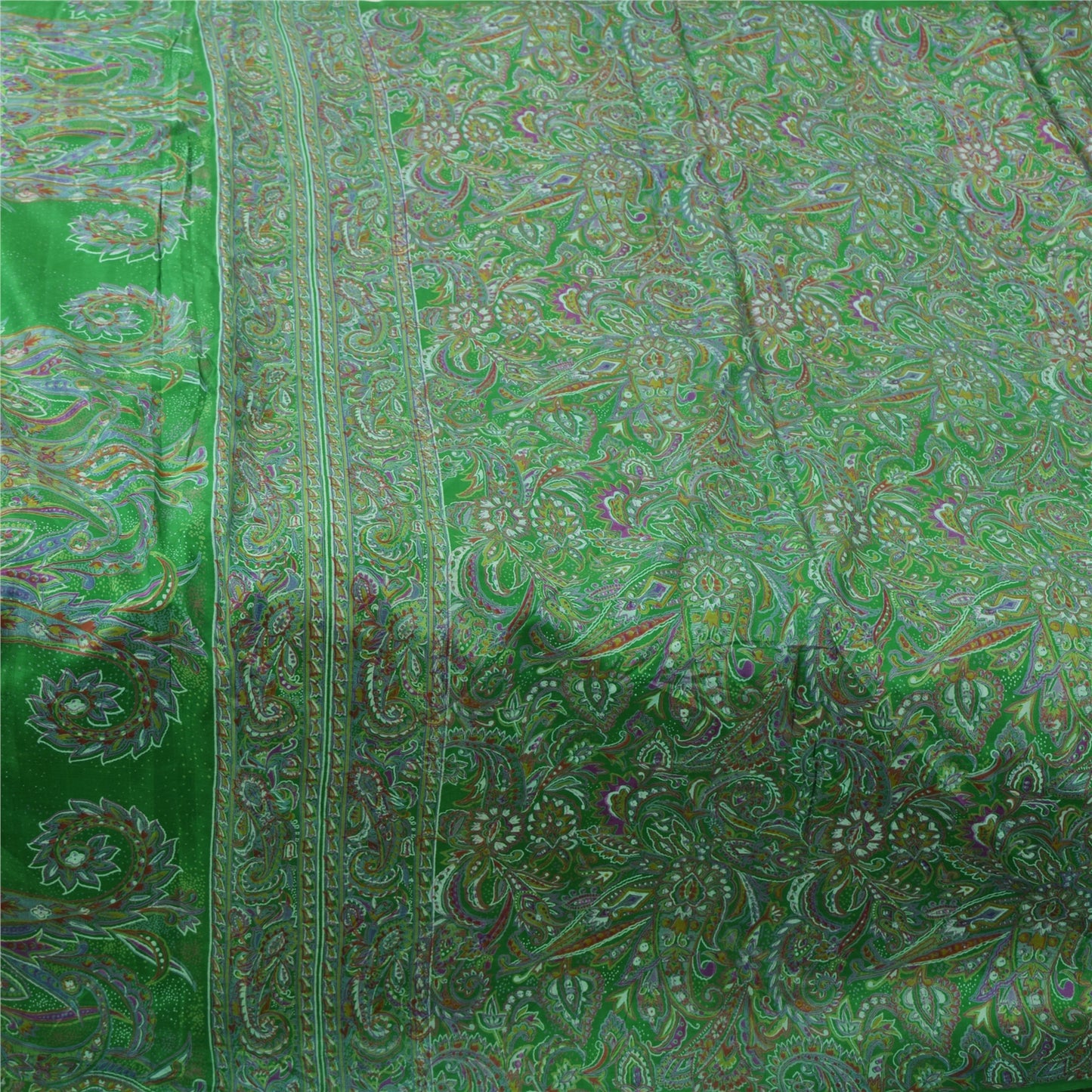 Sanskriti Vintage Sarees Indian Green Pure Silk Printed Sari 6yd Craft Sustainable Fabric