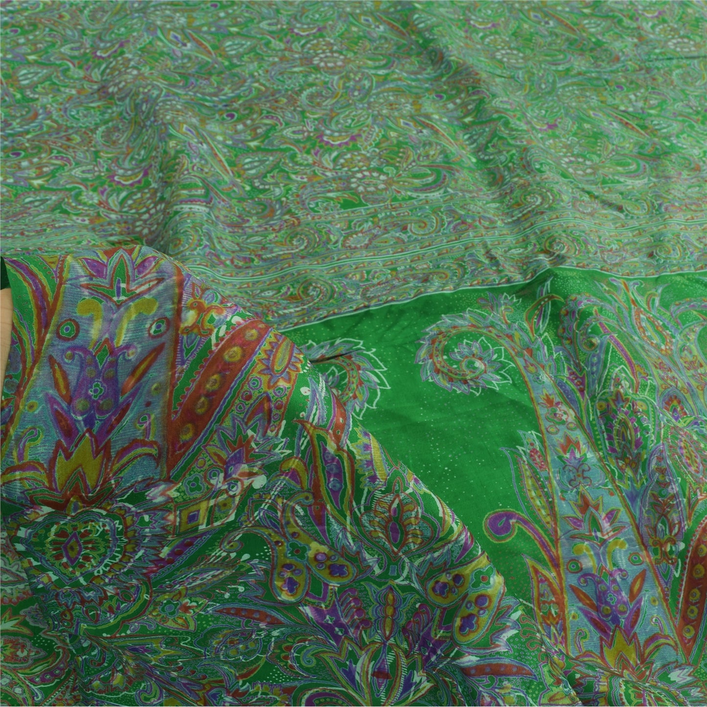 Sanskriti Vintage Sarees Indian Green Pure Silk Printed Sari 6yd Craft Sustainable Fabric