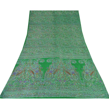Sanskriti Vintage Sarees Indian Green Pure Silk Printed Sari 6yd Craft Sustainable Fabric