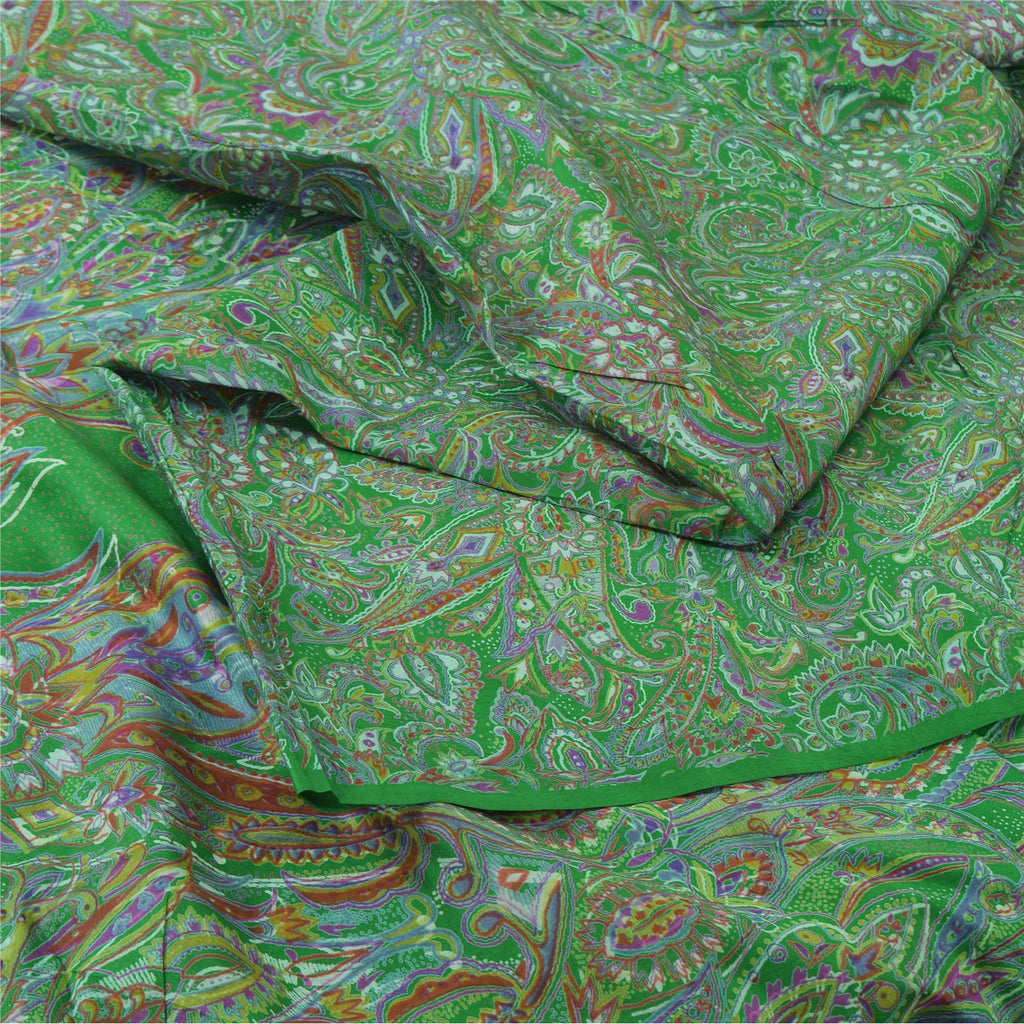 Sanskriti Vintage Sarees Indian Green Pure Silk Printed Sari 6yd Craft Sustainable Fabric