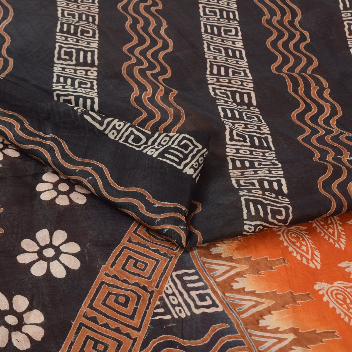 Sanskriti Vintage Sarees Indian Orange Pure Silk Printed Sari 5yd Craft Sustainable Fabric