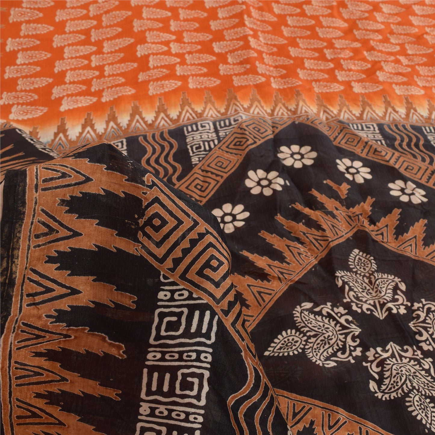 Sanskriti Vintage Sarees Indian Orange Pure Silk Printed Sari 5yd Craft Sustainable Fabric