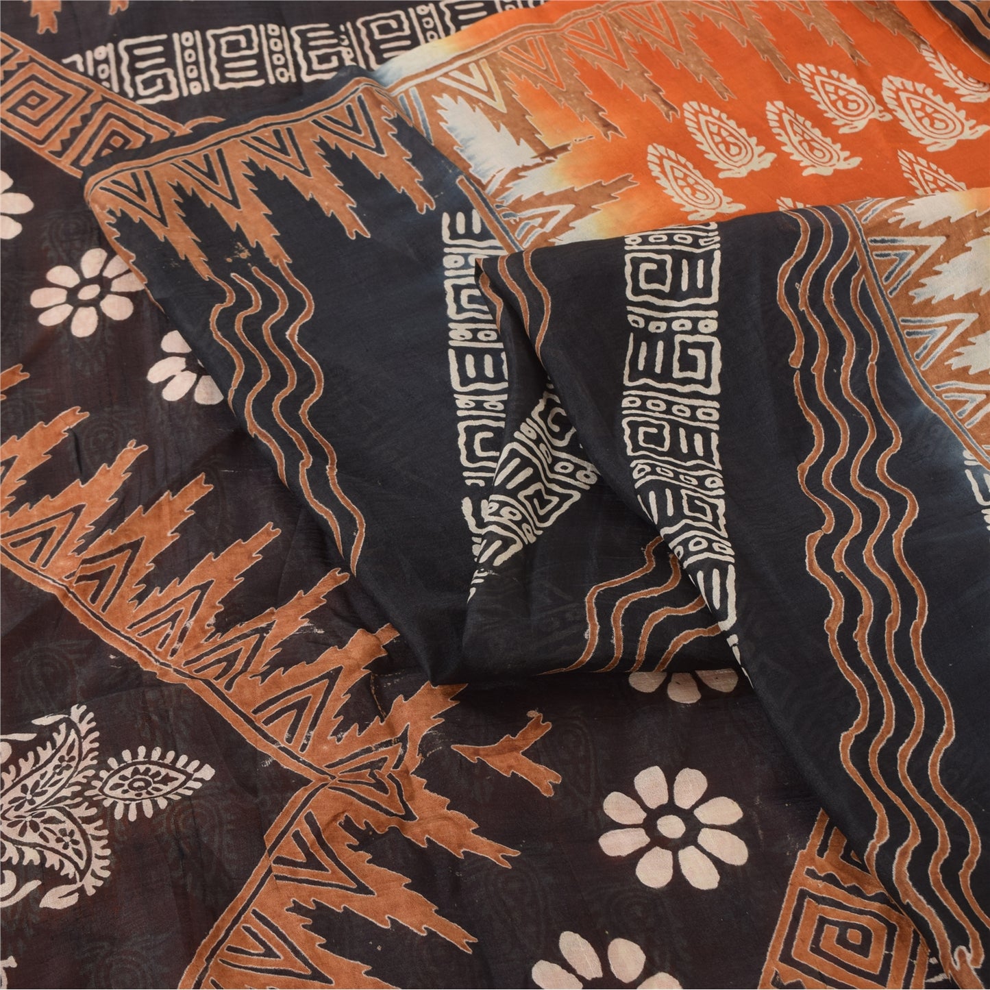 Sanskriti Vintage Sarees Indian Orange Pure Silk Printed Sari 5yd Craft Sustainable Fabric