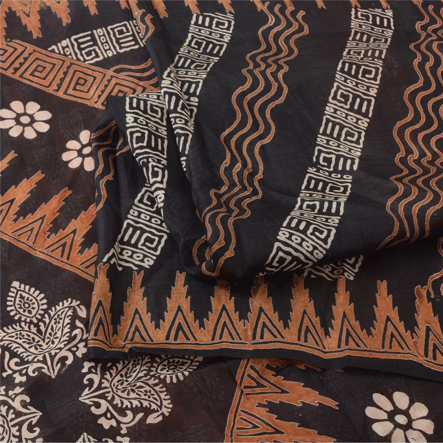 Sanskriti Vintage Sarees Indian Orange Pure Silk Printed Sari 5yd Craft Sustainable Fabric