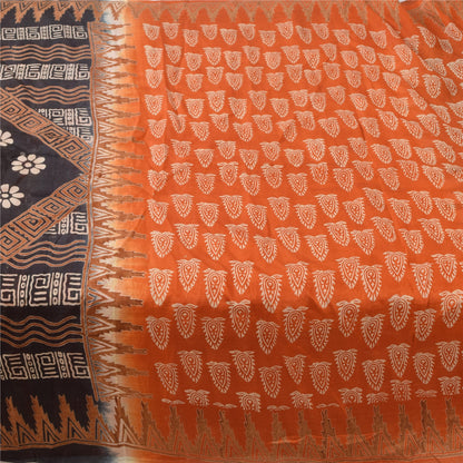 Sanskriti Vintage Sarees Indian Orange Pure Silk Printed Sari 5yd Craft Sustainable Fabric