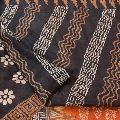 Sanskriti Vintage Sarees Indian Orange Pure Silk Printed Sari 5yd Craft Sustainable Fabric