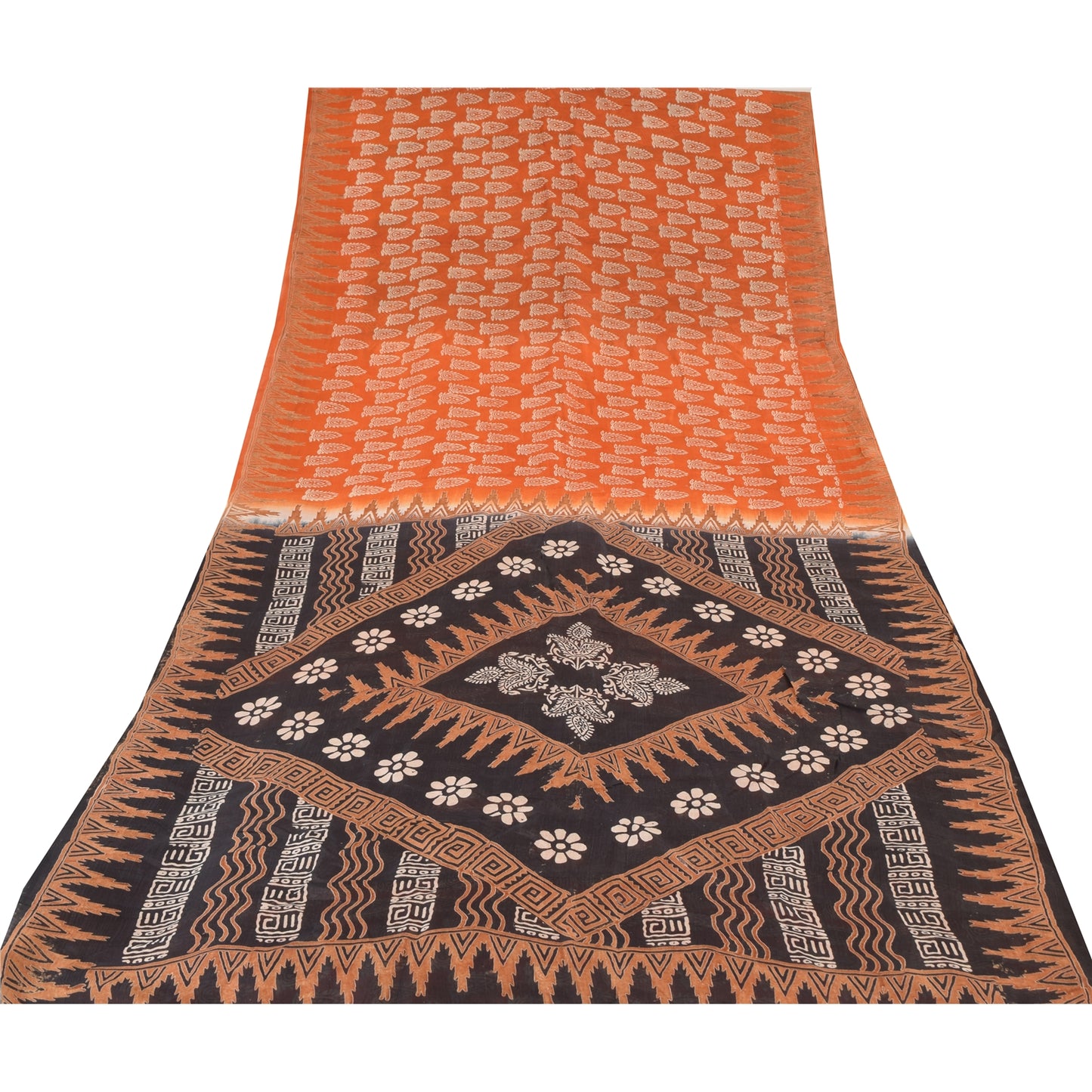 Sanskriti Vintage Sarees Indian Orange Pure Silk Printed Sari 5yd Craft Sustainable Fabric