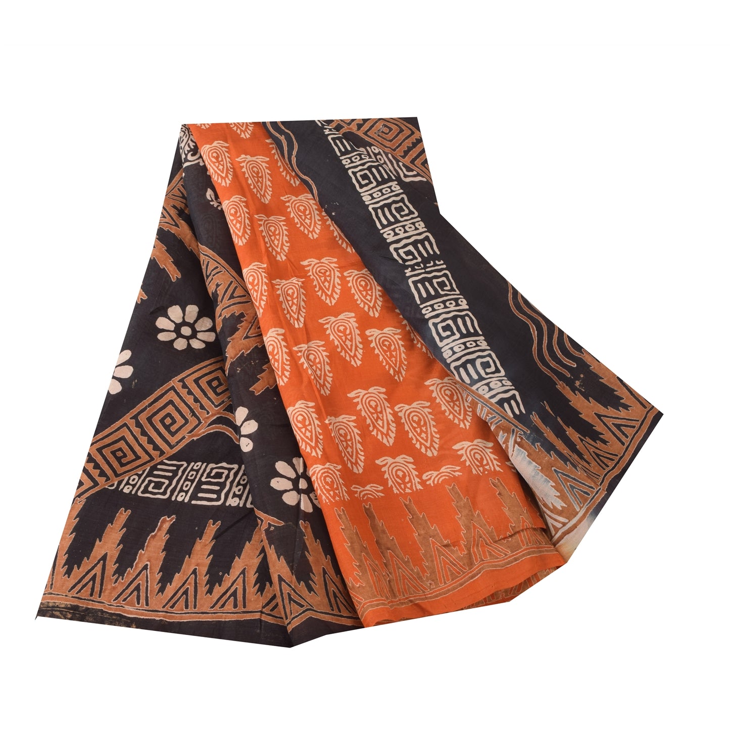 Sanskriti Vintage Sarees Indian Orange Pure Silk Printed Sari 5yd Craft Sustainable Fabric